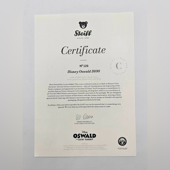 Disney 100 Steiff - Oswald the Lucky Rabbit 13" Collectible Teddy Bear - Picture 12 of 14